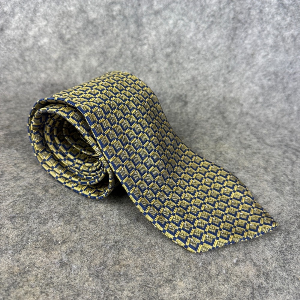 Grant Thomas Patterned Blue Gold‎ Yellow Geometric 100% Imported Silk Tie